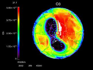 MIPAS-Model Comparison Ozone distribution at 50 hpa 26.09.02 [top] / 13.10.