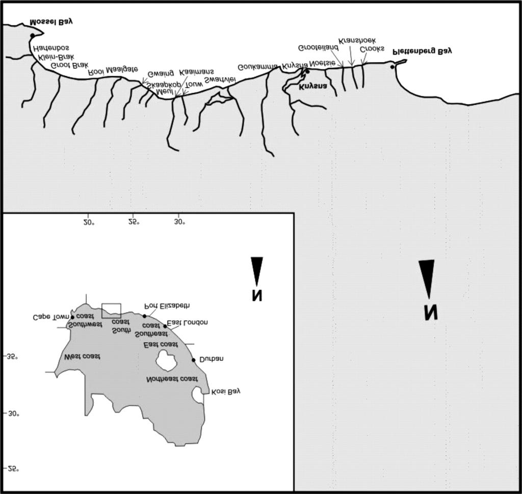 112 Transactions of the Royal Society of South Africa Vol. 63(2) Figure 1. The location of study estuaries between Cape St Blaize and the Robberg Peninsula on the south coast of South Africa.