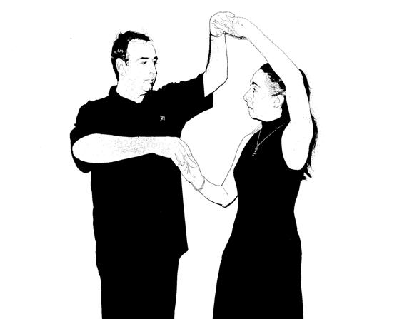 The arms move in keeping with the changes in position and the variations (optional) shown here: Variation: Raise the arms above the head; the man helps the woman turn so that