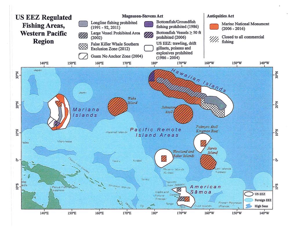 US EEZ Regulated Fishing Areas, Western Pacific Region Longline fishing prohibited {1991-92, 211) Large Vessel Prohibited Area (22) m Q 14 E Antiquities Act Magnuson-Stevens Act 15 E False Killer