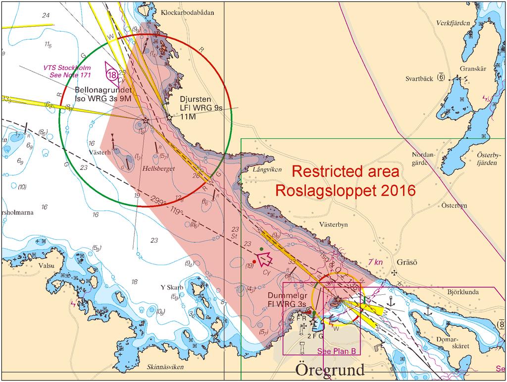 2016-07-21 5 No 608 Restricted area Roslagsloppet Länsstyrelsen, Uppsala Län. Publ. 16 juli 2016 Northern Baltic * 11358 Chart: 6141, 6142 Sweden. Northern Baltic. Port of Stockholm. Strömmen.
