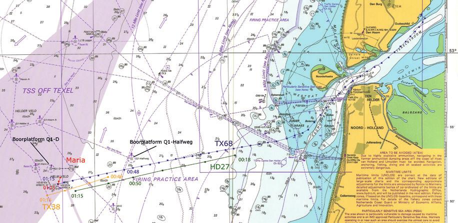 Figure 1: Chart of the area between Den Helder, Schulpengat and TSS Off Texel with the courses sailed. (Source: Netherlands Ministry of Defence WGS 84 INT 1418 1631 en Dutch Safety Board) 1.