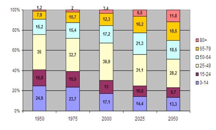 Z uvedeného obrázku môžeme konštatovať, podľa prognózy vypracovanej v roku 2002, že produktívne obyvateľstvo (15-64 rokov života) v roku 2000 tvorilo spolu 67,1 % a obyvateľstvo v poproduktívnom veku