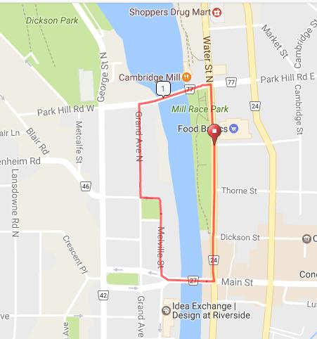 Course Map The Start/Finish line is located on Water St N at the corner of Thorne Street The race will travel south on Water Street N to Main Street West on Main Street over the bridge to Melville