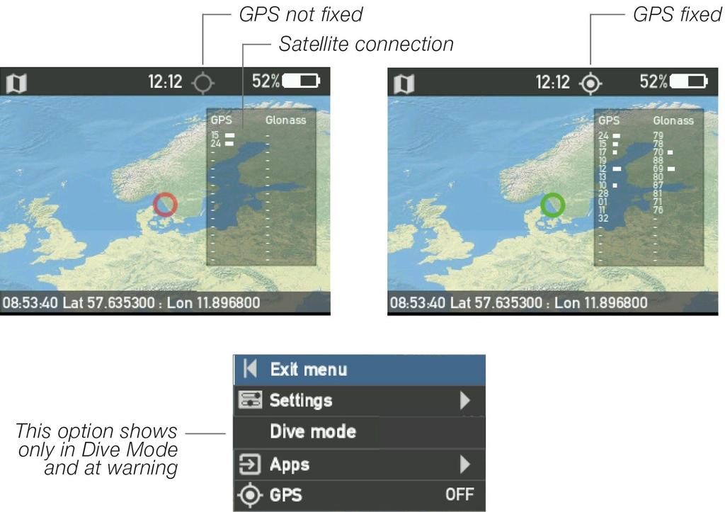 Map app The M28 dive computer contains a GPS receiver that can give your exact position while on land.