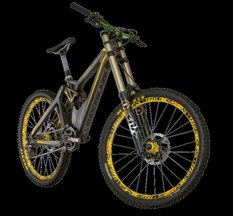 MTB full suspension DH Team Carbon 26 Carbon fiber frame FSS system with 203mm travel Oversized head set with angular adjustment Front and rear suspension by FOX Wider 800mm handlebar for better