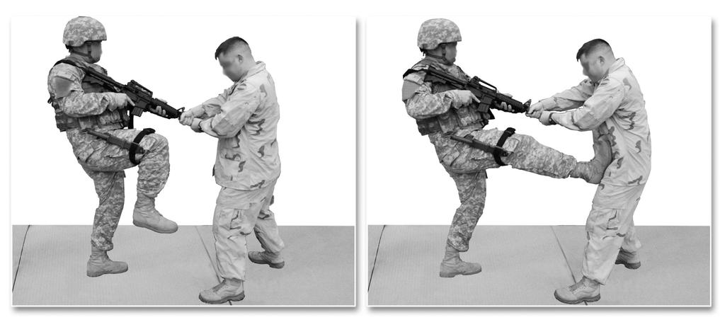 REACT TO CONTACT: Front Kick FIGHTING WITH RIFLE CLEAR PRIMARY WEAPON FRONT KICK 1) Enemy grabs weapon, Soldier utilizes front kick to drive opponent off of weapon.