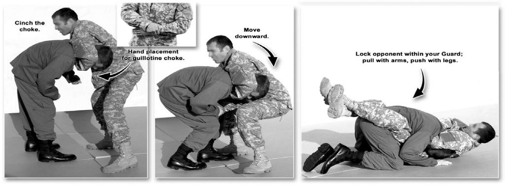 BASIC STAND-UP FIGHTING TECHNIQUES GROUND GRAPPLING BASIC FINISHING MOVES GUILLOTINE CHOKE (continued) 5) With your other hand, grasp the first hand where a watch would be ensuring that you have not