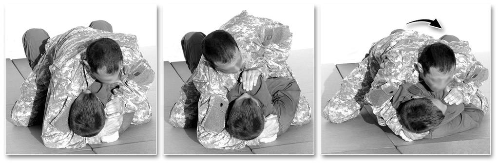BASIC COMBATIVES POSITIONAL TECHNIQUES GROUND GRAPPLING BASIC BODY POSITIONING MOVES ARM PUSH AND ROLL TO THE REAR MOUNT (continued) 1) Release the grip of the hand on the elbow, and drive it under