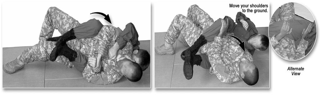 BASIC COMBATIVES POSITIONAL TECHNIQUES GROUND GRAPPLING BASIC BODY POSITIONING MOVES ESCAPE THE REAR MOUNT (continued) 1) Place your back on the ground on your underhook side. Note.