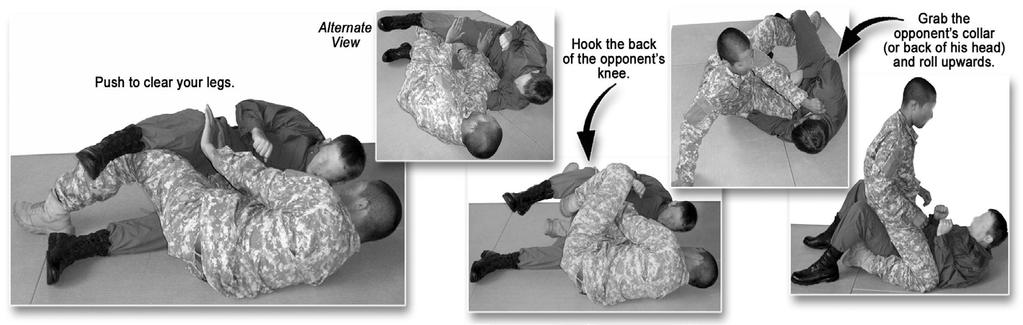 BASIC COMBATIVES POSITIONAL TECHNIQUES GROUND GRAPPLING BASIC BODY POSITIONING MOVES ESCAPE THE REAR MOUNT (continued) 1) Continue until your hips clear his legs. 2) Move your hips to clear your legs.