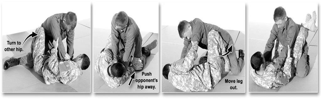 BASIC COMBATIVES POSITIONAL TECHNIQUES GROUND GRAPPLING BASIC BODY POSITIONING MOVES ESCAPE THE MOUNT, SHRIMP TO THE GUARD (continued) 1) Turn to your other hip, and hook your opponent s leg to