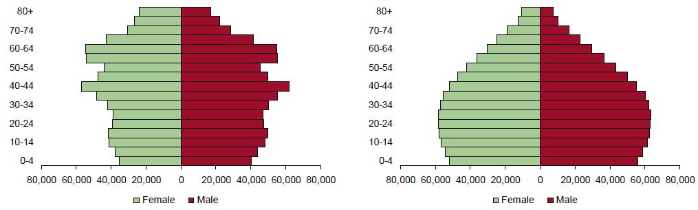 The shapes of the population pyramid will remain very different as China becomes an old country and India remains young with ~60%