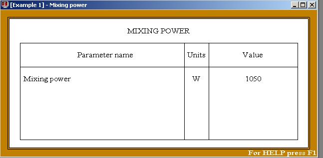 Figure 11. The calculated value of mixing power (2-stage Intermig impeller). You can now address other questions in the same menu, for instance, Axial force applied to impeller.