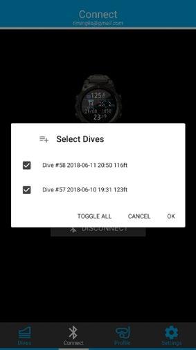 Download Dives Select Download Dives A list of dives will be generated and you can un-select any dive logs you don t want to download, then press OK.