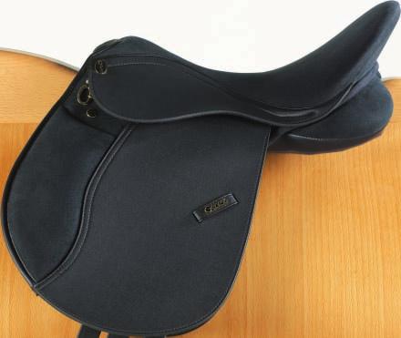 A synthetic saddle benefiting from a traditional flocked panel.