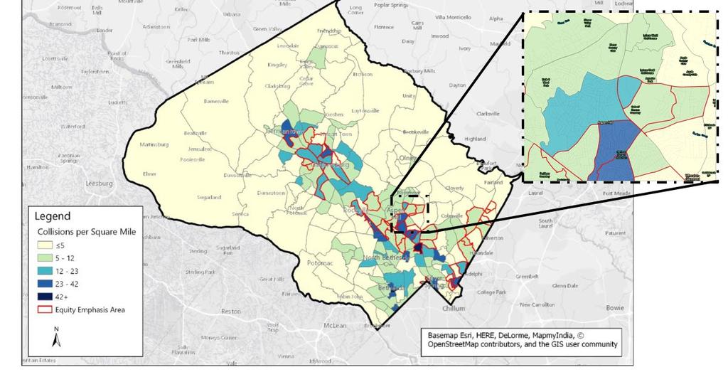 Figure 4: Montgomery County Vision Zero Action Plan High Crash Equity Emphasis Areas The Study boundaries include two of the 20 high injury road segments identified in the Action Plan (see Figure 5