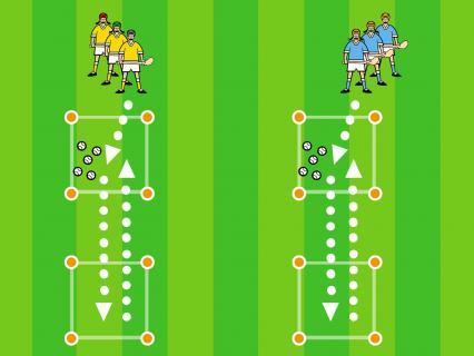 of each line run on the whistle to challenge for the ball, the attacker arriving first to strike and the defender attempting to hook them STEP Variation Task - Position the ball an even distance from