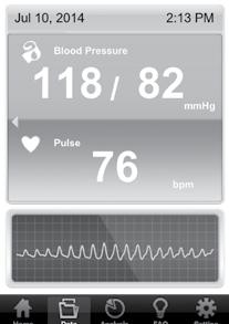 5. After the measurement, the app screen displays the systolic pressure, diastolic pressure and pulse rate.