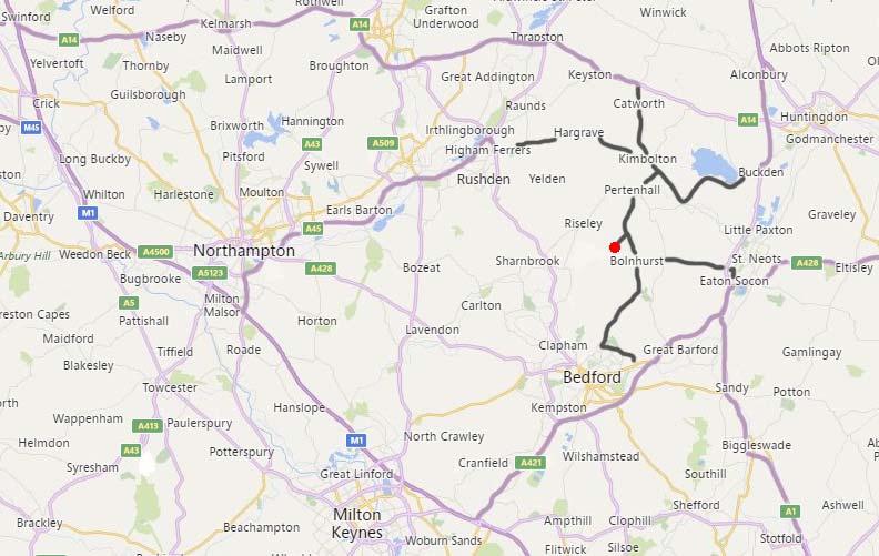 MAIN ROUTES & DIRECTIONS TO KEYSOE From the North M1 - Exit J15 for Northampton (A508) this road becomes the A45, go past Wellingborough & Rushden, at the A45/A6 Roundabout take 3 rd exit, next