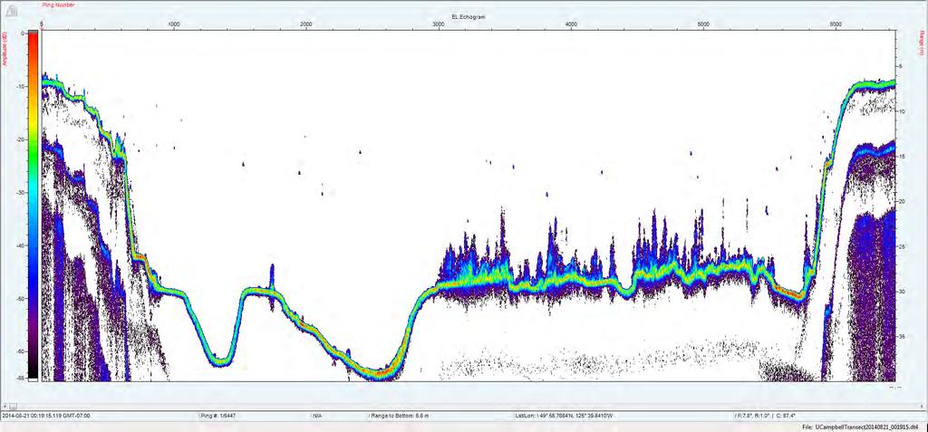 JHTMON-3 Year 1 Annual Monitoring Report Page 43 Figure 14. Echograms from T7 in the main reservoir basin at night, Upper Campbell Reservoir, August 21, 2014.