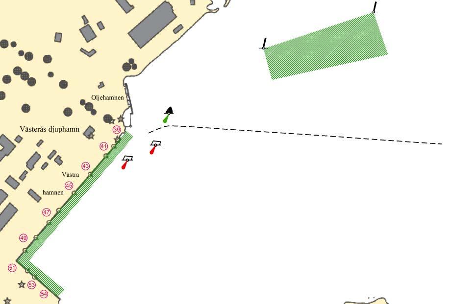 Ports in Västerås (Djuphamnen and Östra hamnen) Between berths 39 54 in Djuphamnen Between the anchorage east of