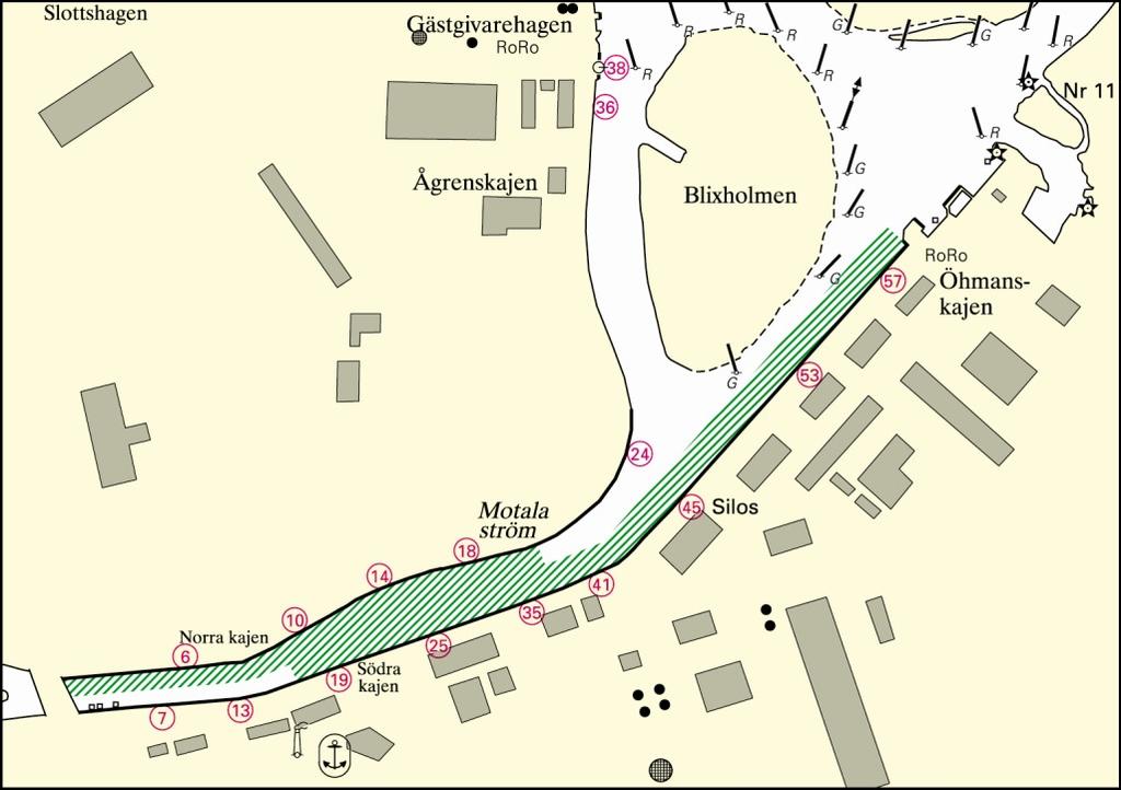 Port of Norrköping (Norra kajen, Södra kajen and Öhmanskajen) Between berths with even numbers from 4 up to and including 20. Between berths with uneven numbers from 17 up to and including 59.