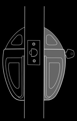 Turning inside handle or closing door releases button.