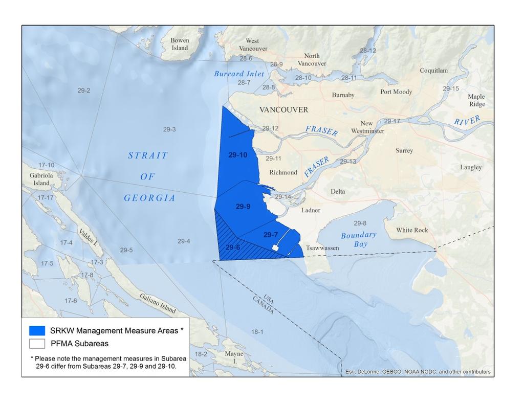 3. Mouth of the Fraser River Map of closures for the Mouth of the Fraser River June 1 to Sept. 30: Recreational salmon fishing closure in Subareas 29-7, 29-9 & 29-10.