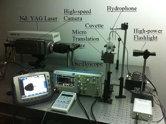FIGURE 2. A photograph of the experimental setup, including the bubble generation system, the high-speed observation station and the acoustic detection system. 3.