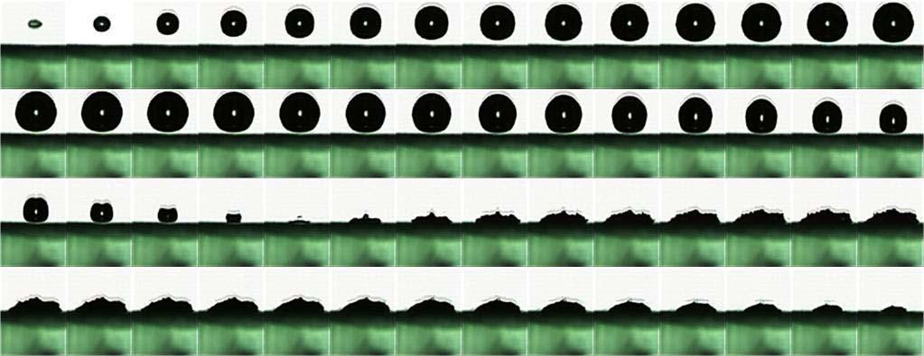 FIGURE 4. Evolution of bubble shapes for the case R max = 1.5 mm and = 1.0 as captured using the high-speed camera set at 100,000 fps. The size of each frame is 4.6 6.2 mm.
