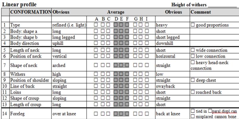 Linear profiling: Swedish WB studbook linear scheme of medium size for linear descriptions of young horses 9-point linear scale (A to I 1 to 9) defect traits / special remarks as additional traits