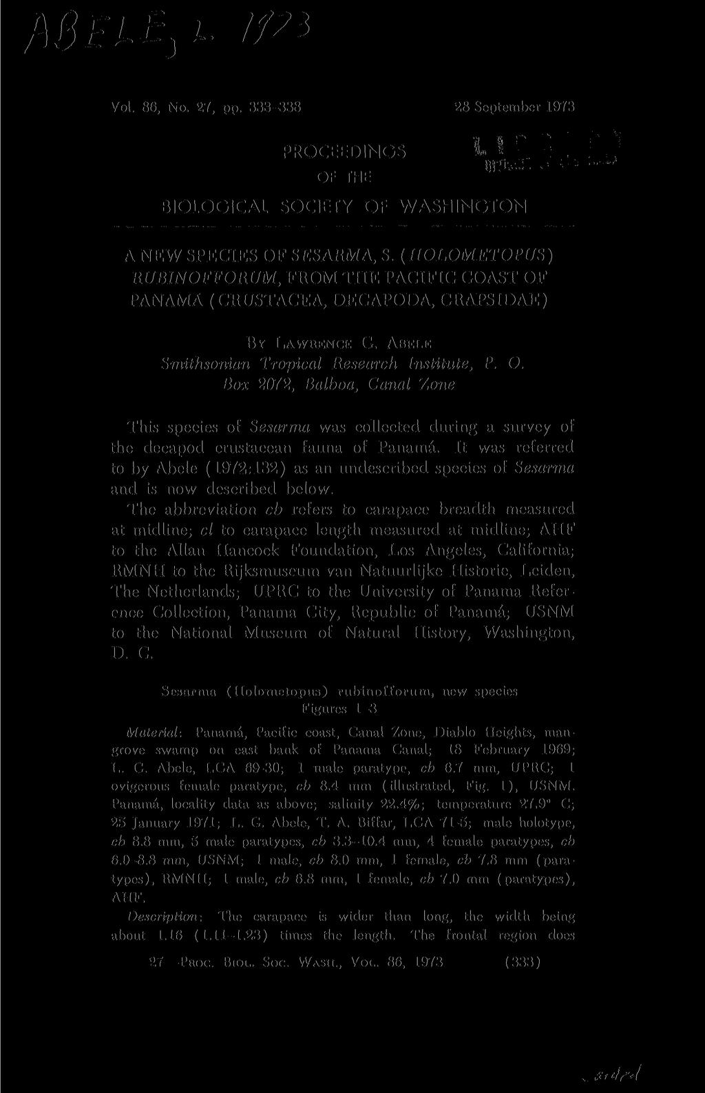 e3 if Vol. 86, No. 27, pp. 333-338 28 September 1973 PROCEEDINGS i j OF THE ' BIOLOGICAL SOCIETY OF WASHINGTON A NEW SPECIES OF SESARMA, S.