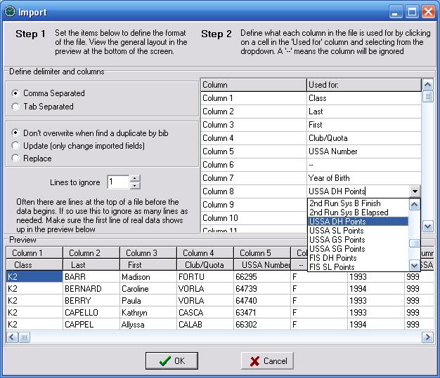 Tab Description 4. Assign the columns, which can be seen in the Preview window at the bottom of the screen, to the appropriate field in Split Second following the Step 2 procedures.