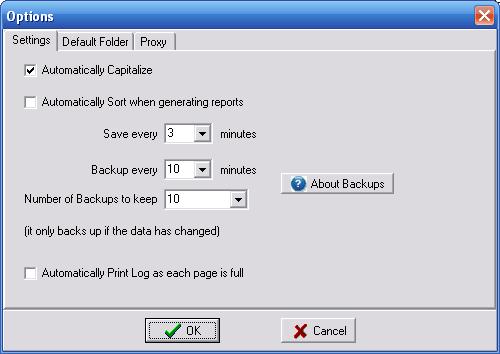 Tab Description Options (Settings) Automatic Capitalize Automatically Sort when generating reports Save every << >> minutes Backup every <<>> minutes Number of Backups to keep Automatically Print Log