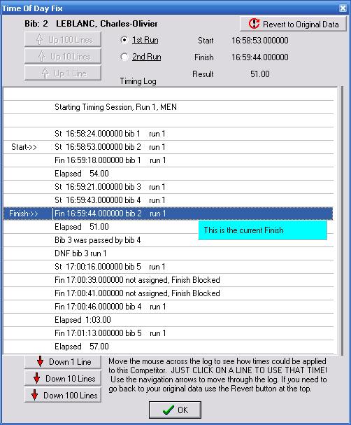 Function TOD Fix Description Used to reassign TOD data for individual racers (see figure on next page. The TOD FIX is a VERY useful tool. For examples of its use, see page 69.