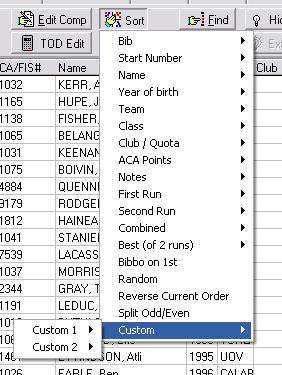 Function Find Sort Description Searches the competitors list by bib number or surname. Sorts the competitor list using any of the field available options (see below).