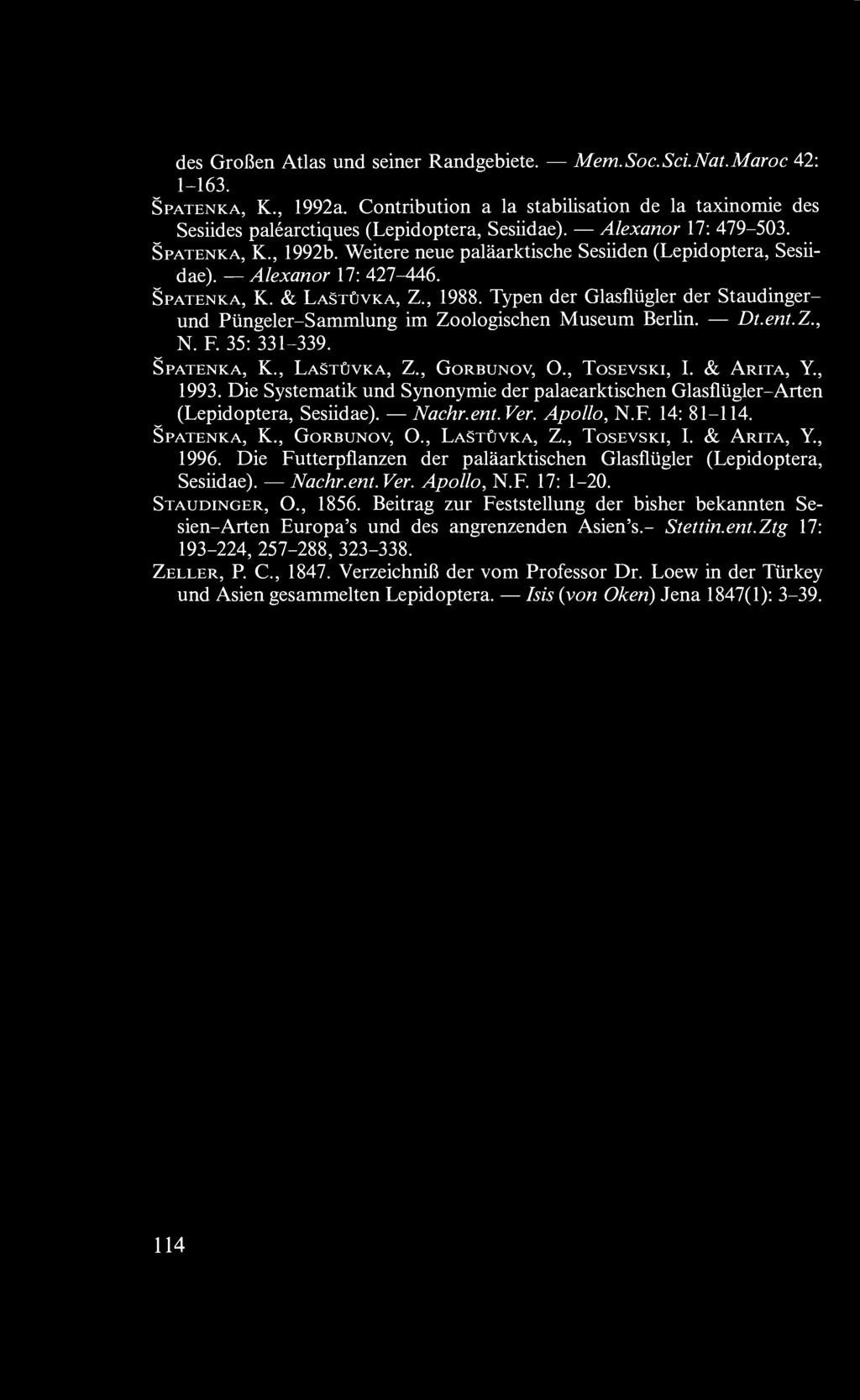 Typen der Glasflügler der Staudinger- Dt.ent.Z., und Püngeler-Sammlung im Zoologischen Museum Berlin. N. F. 35: 331-339. Spatenka, K., Lastûvka, Z., Gorbunov, O., Tosevski, I. & Arita, Y., 1993.