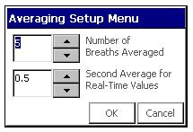 2.3.5 Averaging Setup Menu Figure 23. Averaging Setup Menu Number of Breaths Averaged Second Average for Real-Time Values All breath parameters are averaged over the selected number of breaths.
