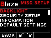 Page. MISC Setup (Miscellaneous Setup) Backlight: Select