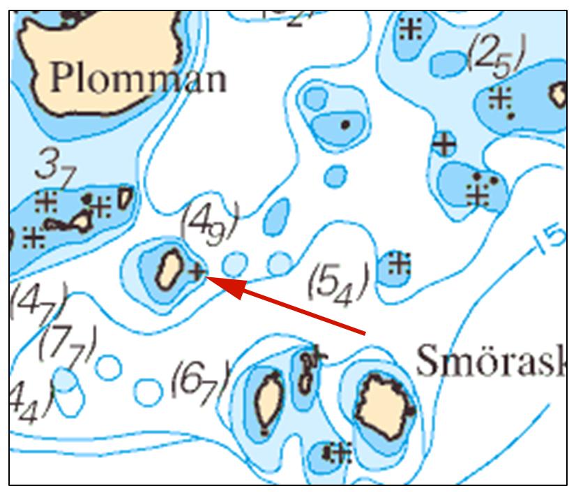 2016-02-04 4 No 584 Insert underwater rock and amend 3 and 6 m depth contours 59-42,517N 019-07,793E Bsp Stockholm N 2013/s25 Underwater rock. Sjöfartsverket, Norrköping. Publ.