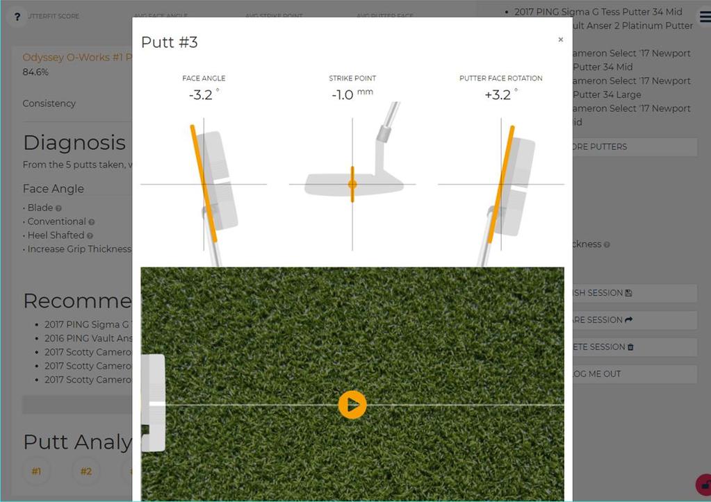 1 2 3 Comprehensive Data / Results / Recommendations 1. Face Angle: the Face Angle result for this putt. 2. Strike Point: strike point location result for this putt. 3. Putter Face Rotation: the amount of Putter Face Rotation for this putt.