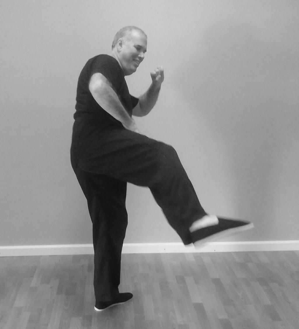 Slide your left foot forward into a cat stance to strike with a low hammer fist,