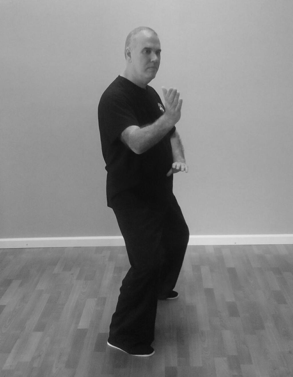 Raise your right knee into a crane stance, contouring your right elbow upward