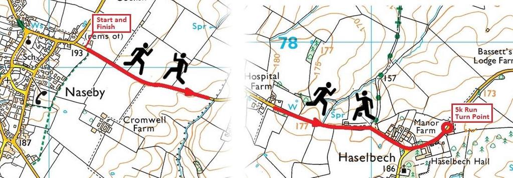 The 5km route is an out and back course from Naseby to Haselbech.