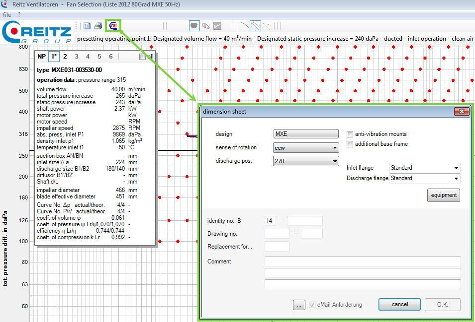 Generation of fan dimension sheet Immediately after the completion of fan lay-out and design, you can generate a dimension sheet. Please use the CAD button of the toolbar. fig.