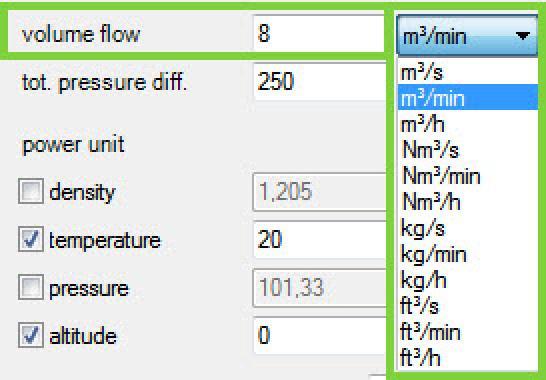 Entries for pressure difference and volume- or mass flow can be made with the most varied units.