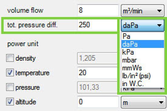 22: input pressure difference The desired pressure difference can be specified as total pressure or as static pressure.