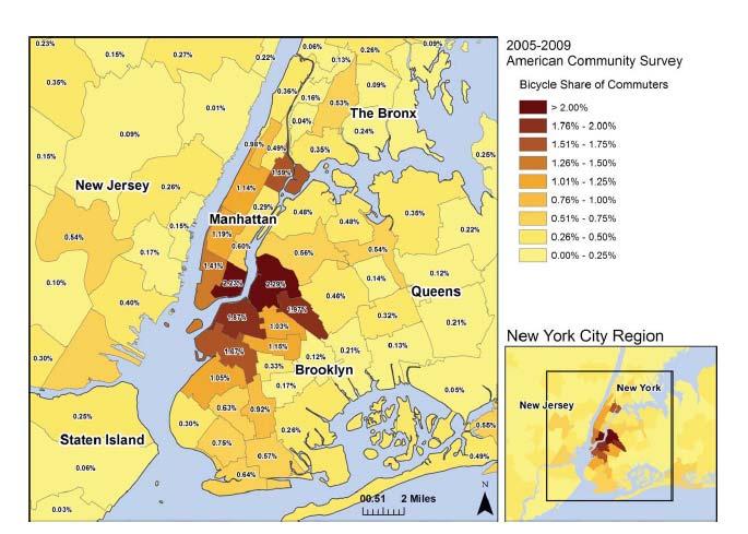 Spatial Variation in Bicycle Share of Work Commuters in New York City Area, 2005-2009 Pucher, J., Buehler, R., Seinen, M.