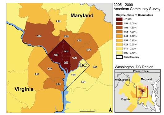 Spatial Variation in Bicycle Share of Work Commuters in Washington, D.C. Area, 2005-2009 Pucher, J., Buehler, R., Seinen, M.